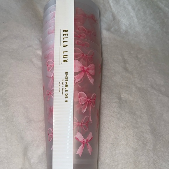 Pink Bow Ribbon Outdoor Tumbler Cups 32oz, Set of 8 Bella Lux Coquette NWT - Picture 2 of 8